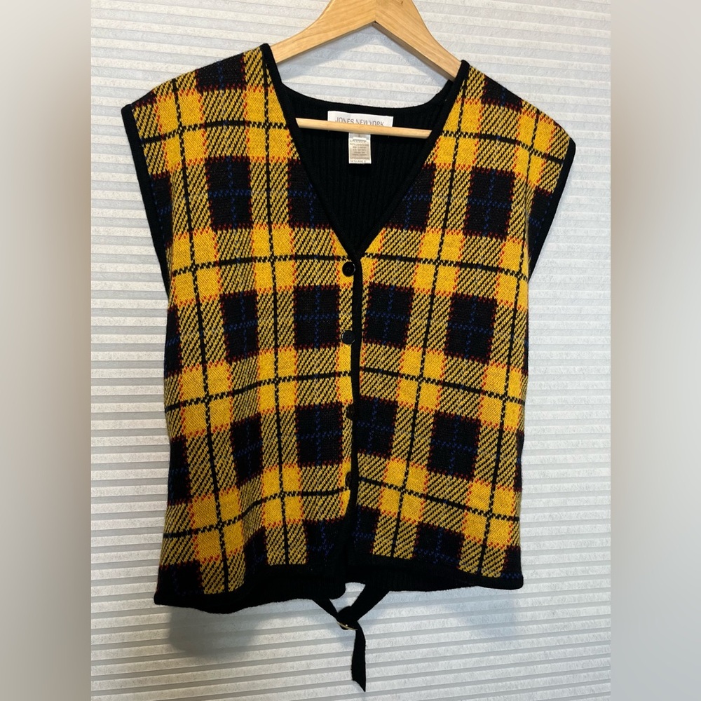 Jones New York Yellow and Black Plaid V-Neck Sweater Vest